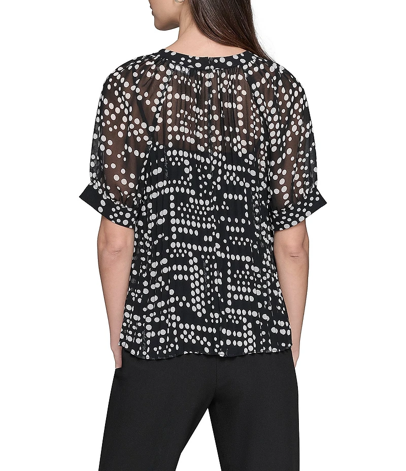 KARL LAGERFELD PARIS Dot Print Pleated Crew Neck Short Sleeve Blouse