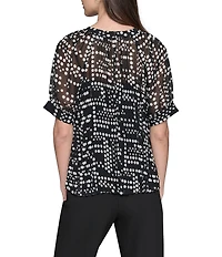 KARL LAGERFELD PARIS Dot Print Pleated Crew Neck Short Sleeve Blouse