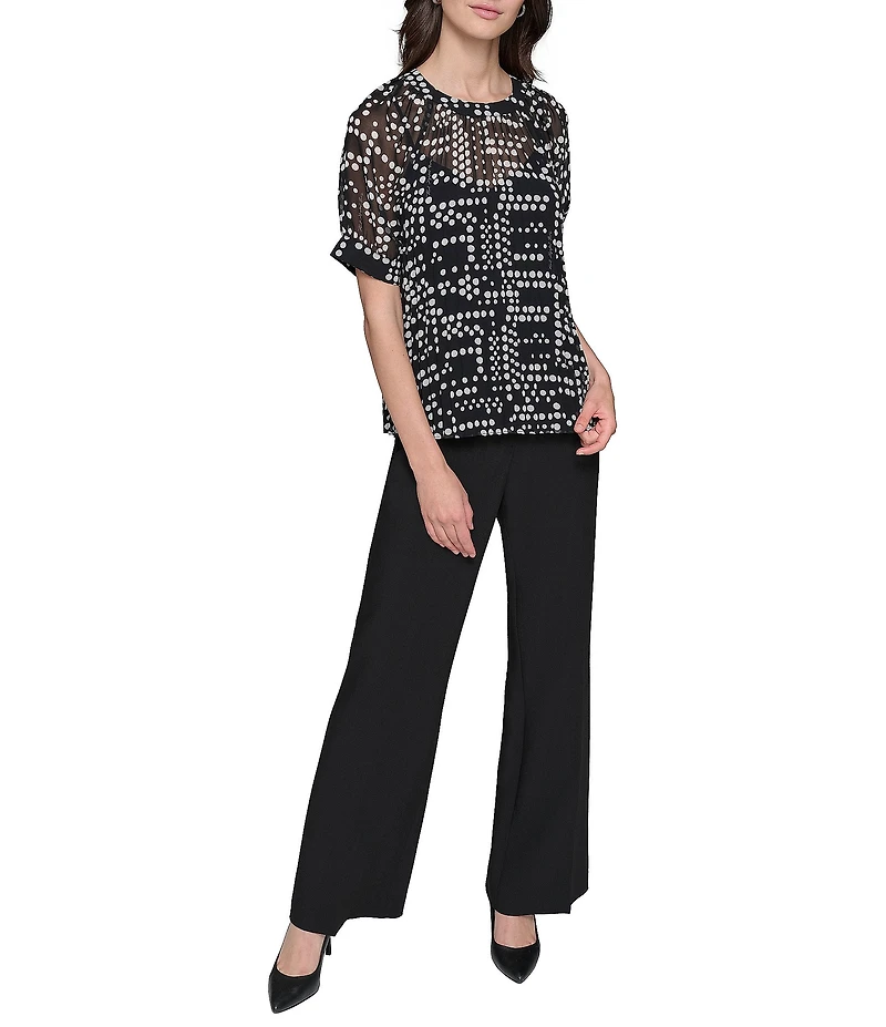KARL LAGERFELD PARIS Dot Print Pleated Crew Neck Short Sleeve Blouse