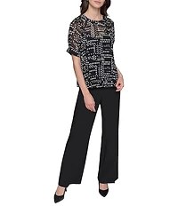 KARL LAGERFELD PARIS Dot Print Pleated Crew Neck Short Sleeve Blouse