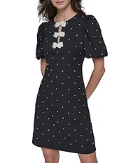 KARL LAGERFELD PARIS Dotted Scuba Crepe Round Neck Short Puff Sleeve Pearl Bow Sheath Dress