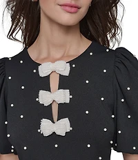 KARL LAGERFELD PARIS Dotted Scuba Crepe Round Neck Short Puff Sleeve Pearl Bow Sheath Dress