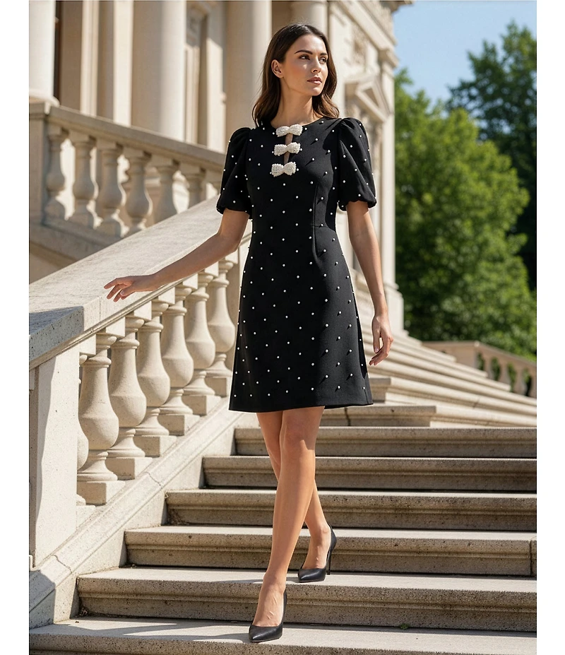 KARL LAGERFELD PARIS Dotted Scuba Crepe Round Neck Short Puff Sleeve Pearl Bow Sheath Dress