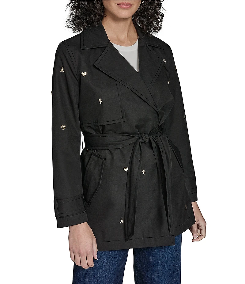 KARL LAGERFELD PARIS Embellish Notch Collar Belted Trench Coat