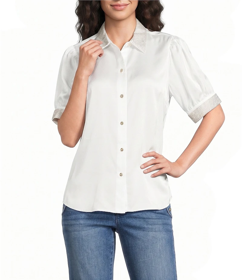KARL LAGERFELD PARIS Embellished Satin Point Collar Short Sleeve Shirt