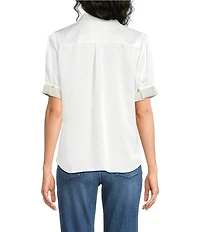 KARL LAGERFELD PARIS Embellished Satin Point Collar Short Sleeve Shirt