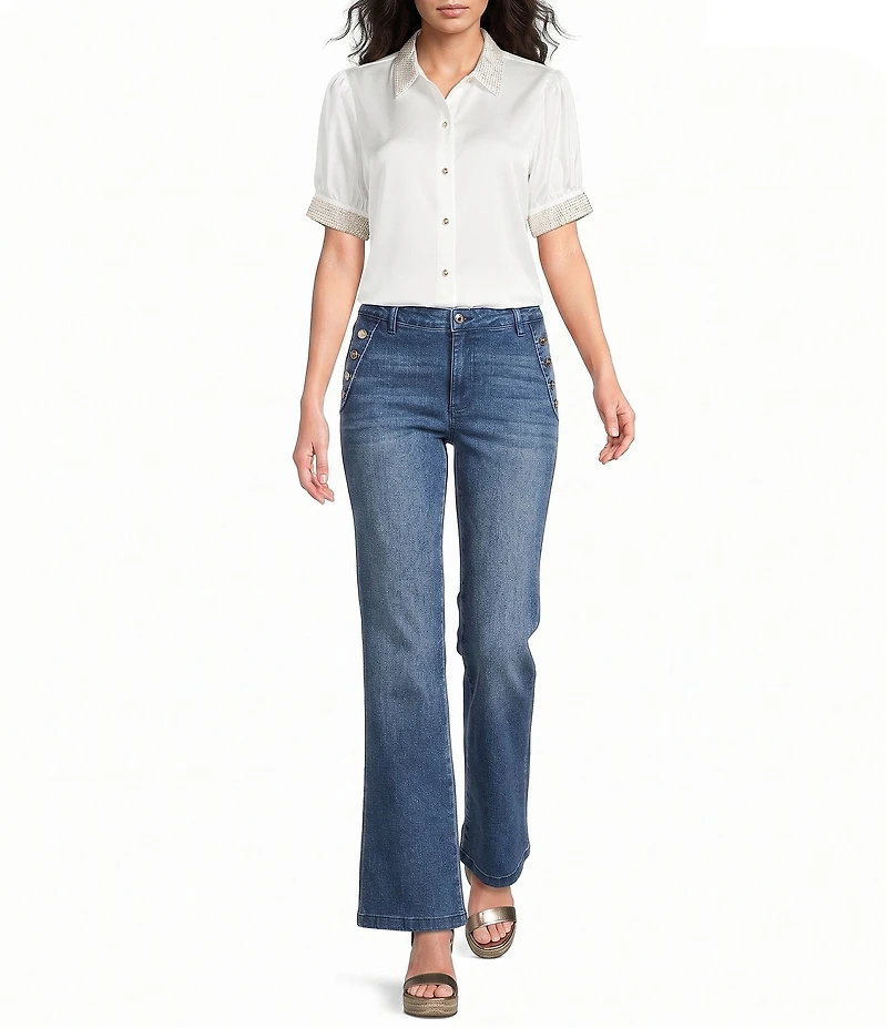 KARL LAGERFELD PARIS Embellished Satin Point Collar Short Sleeve Shirt