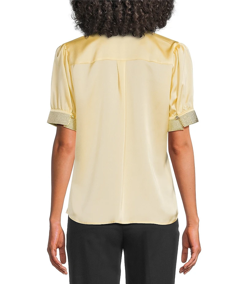 KARL LAGERFELD PARIS Embellished Satin Point Collar Short Sleeve Shirt