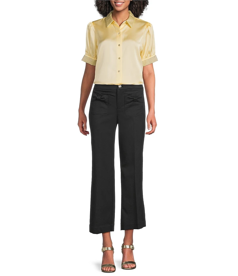 KARL LAGERFELD PARIS Embellished Satin Point Collar Short Sleeve Shirt