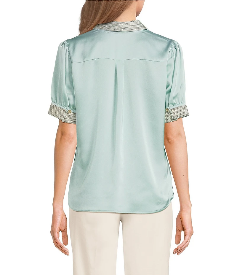 KARL LAGERFELD PARIS Embellished Satin Point Collar Short Sleeve Shirt