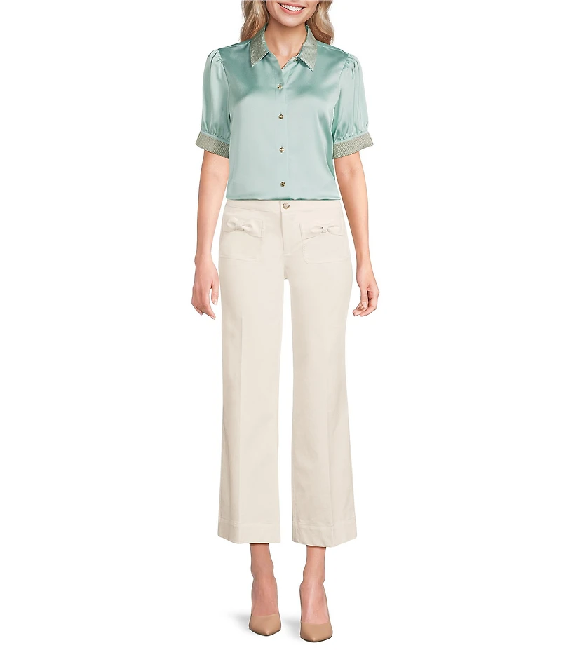 KARL LAGERFELD PARIS Embellished Satin Point Collar Short Sleeve Shirt