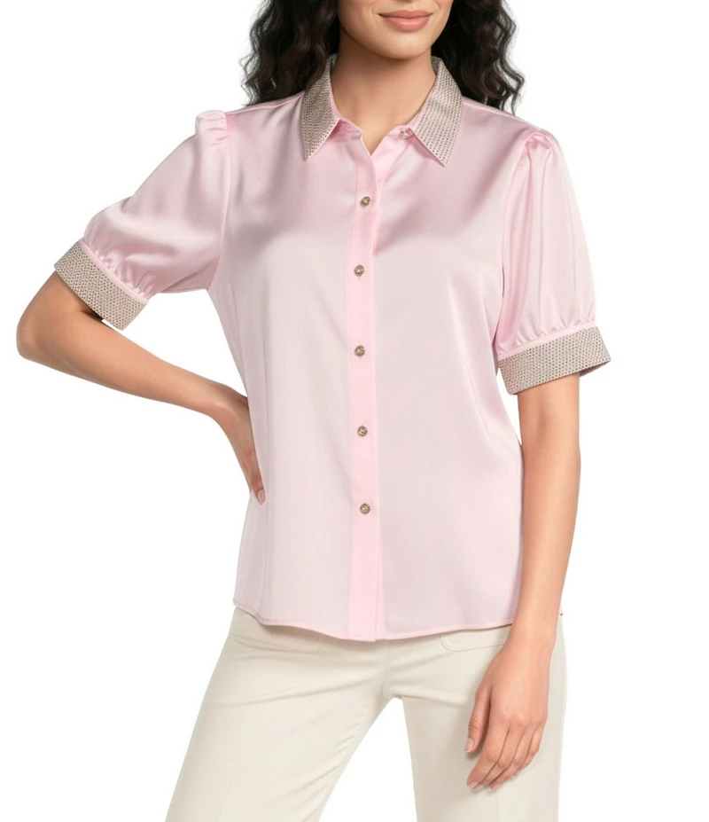 KARL LAGERFELD PARIS Embellished Satin Point Collar Short Sleeve Shirt