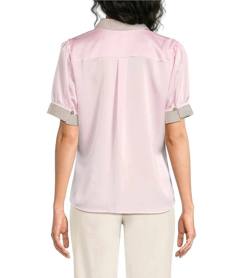 KARL LAGERFELD PARIS Embellished Satin Point Collar Short Sleeve Shirt