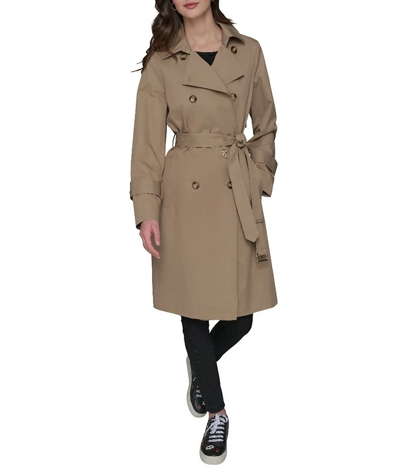 KARL LAGERFELD PARIS Embossed Logo Point Collar Belted Double Breasted Water Resistant Trench Coat