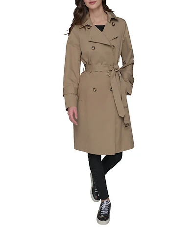 KARL LAGERFELD PARIS Embossed Logo Point Collar Belted Double Breasted Water Resistant Trench Coat