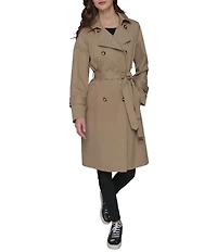KARL LAGERFELD PARIS Embossed Logo Point Collar Belted Double Breasted Water Resistant Trench Coat