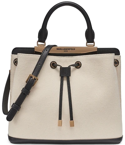 KARL LAGERFELD PARIS Evelina Canvas Drawstring Top Handle Bucket Bag
