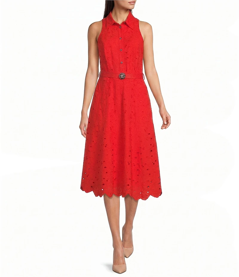 KARL LAGERFELD PARIS Eyelet Point Collar Sleeveless Belted A-Line Dress