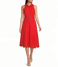 KARL LAGERFELD PARIS Eyelet Point Collar Sleeveless Belted A-Line Dress
