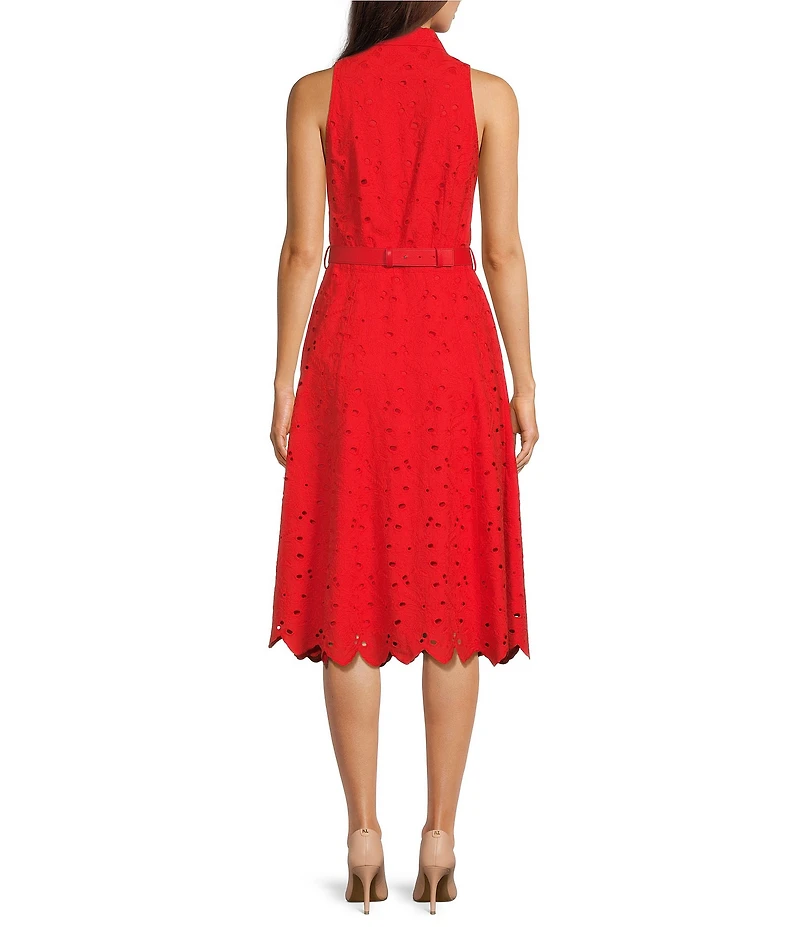 KARL LAGERFELD PARIS Eyelet Point Collar Sleeveless Belted A-Line Dress