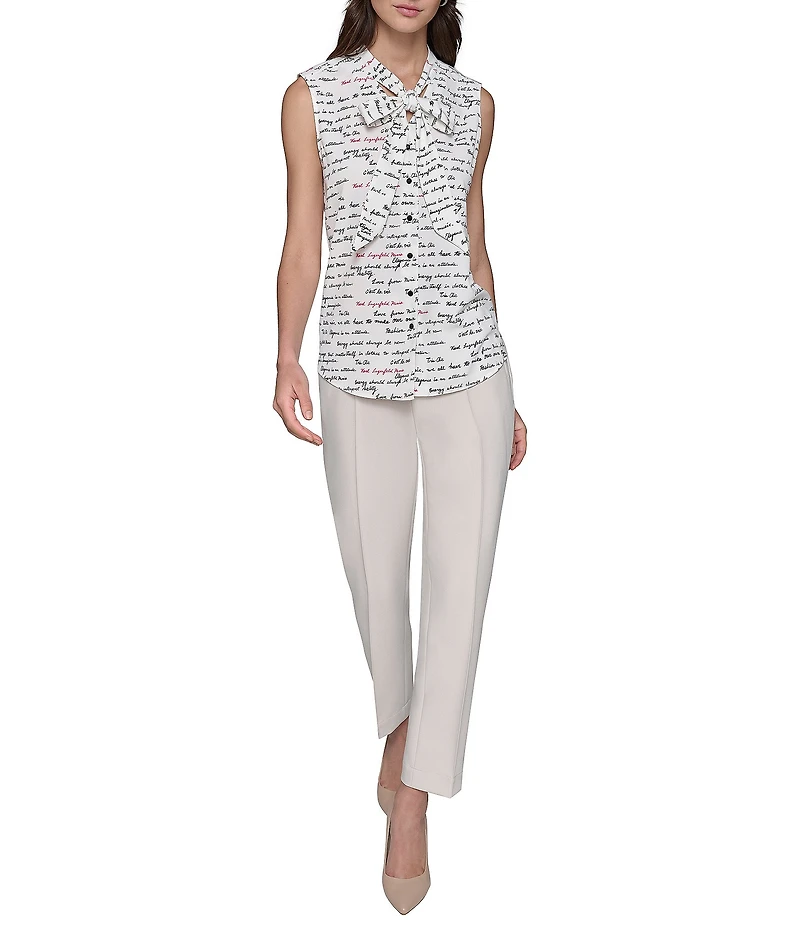 KARL LAGERFELD PARIS Fashion Logo Print Tie Neck Sleeveless Button Front Top