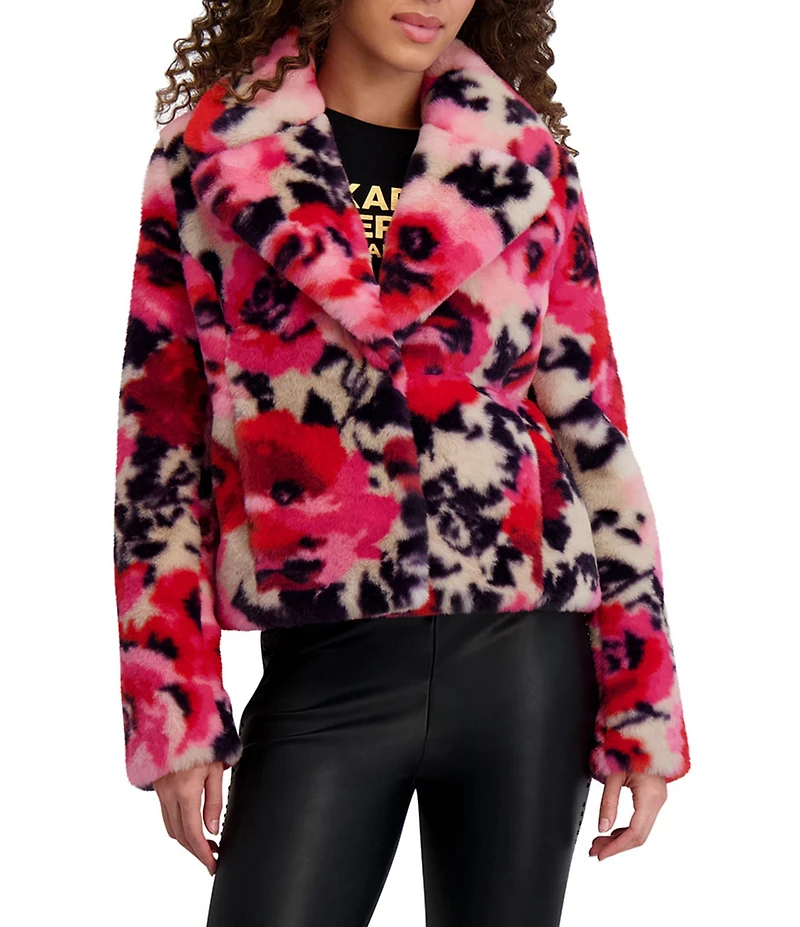 KARL LAGERFELD PARIS Faux Fur Floral Pattern Notch Collar Double Breasted Jacket