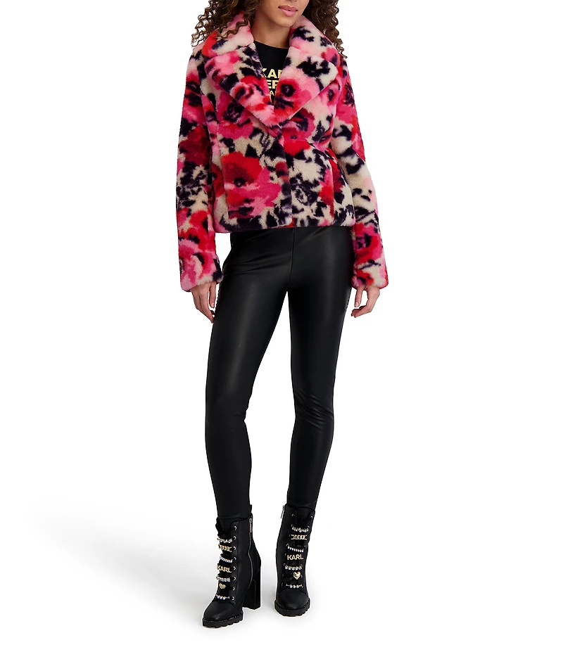 KARL LAGERFELD PARIS Faux Fur Floral Pattern Notch Collar Double Breasted Jacket