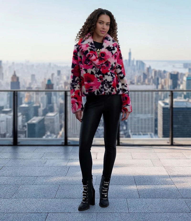 KARL LAGERFELD PARIS Faux Fur Floral Pattern Notch Collar Double Breasted Jacket