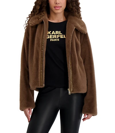 KARL LAGERFELD PARIS Faux Fur Grooved Point Collar Zip Front Jacket
