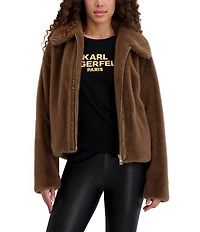 KARL LAGERFELD PARIS Faux Fur Grooved Point Collar Zip Front Jacket