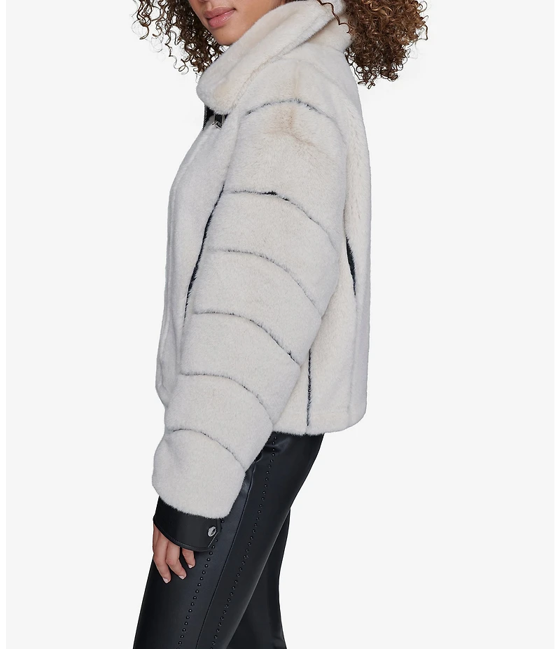 KARL LAGERFELD PARIS Faux Mink Leather Twill Taping Point Collar Zip Front Bomber Jacket