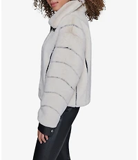 KARL LAGERFELD PARIS Faux Mink Leather Twill Taping Point Collar Zip Front Bomber Jacket