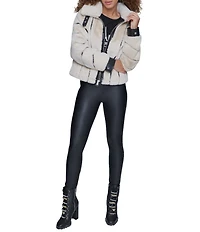 KARL LAGERFELD PARIS Faux Mink Leather Twill Taping Point Collar Zip Front Bomber Jacket