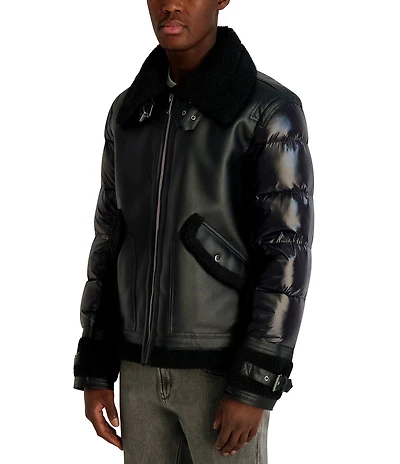 Karl Lagerfeld Paris Faux Shearling Collared Mixed Media Jacket