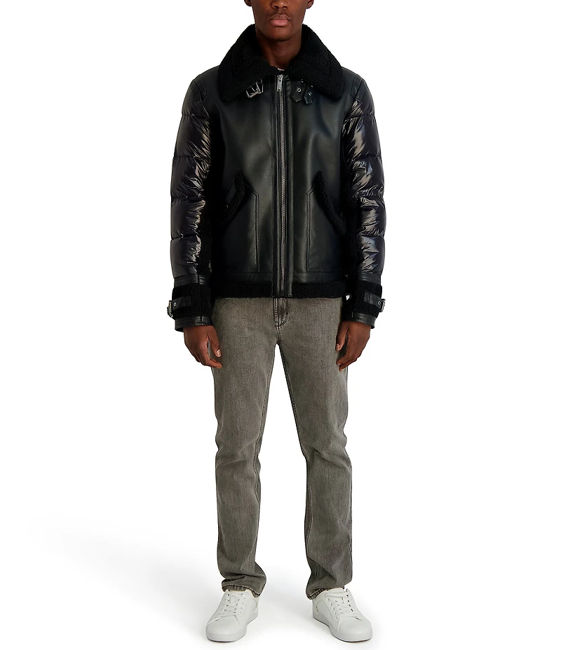 Karl Lagerfeld Paris Faux Shearling Collared Mixed Media Jacket