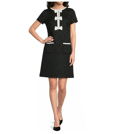 KARL LAGERFELD PARIS Faux Tweed Contrast Trim Front Bow Detail Mini Dress