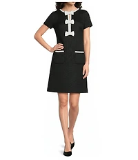 KARL LAGERFELD PARIS Faux Tweed Contrast Trim Front Bow Detail Mini Dress