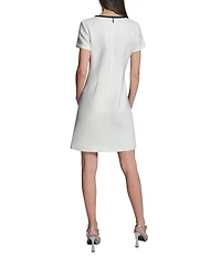 KARL LAGERFELD PARIS Faux Tweed Contrast Trim Front Bow Detail Mini Dress