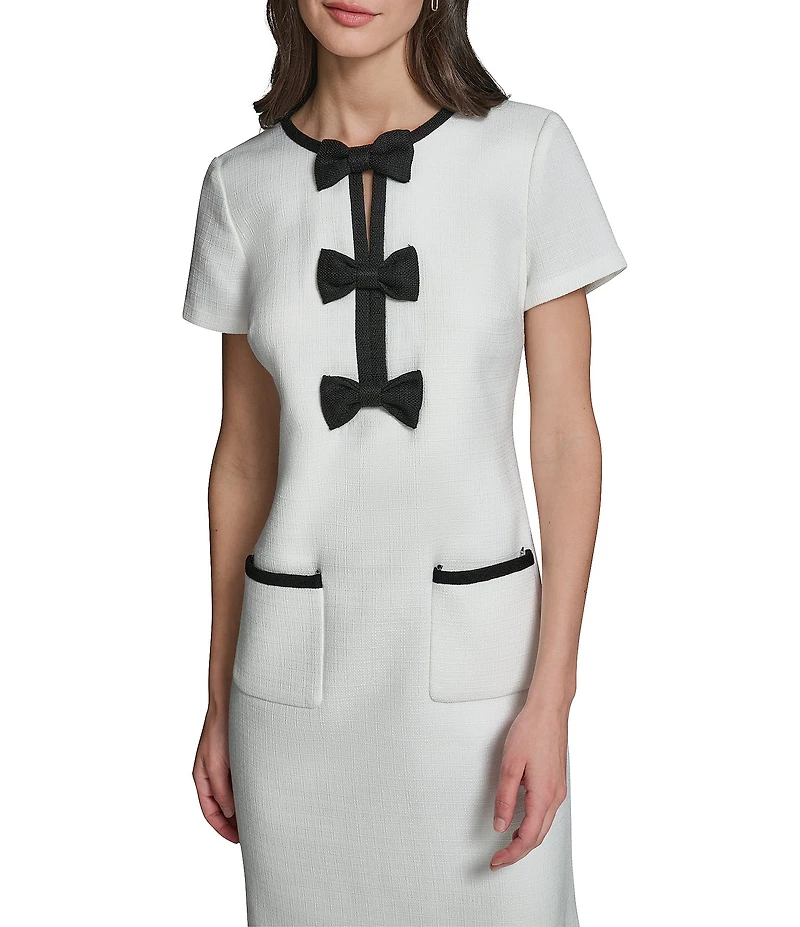 KARL LAGERFELD PARIS Faux Tweed Contrast Trim Front Bow Detail Mini Dress