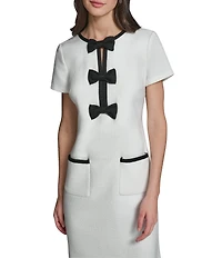 KARL LAGERFELD PARIS Faux Tweed Contrast Trim Front Bow Detail Mini Dress