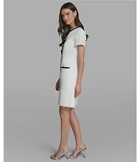 KARL LAGERFELD PARIS Faux Tweed Contrast Trim Front Bow Detail Mini Dress