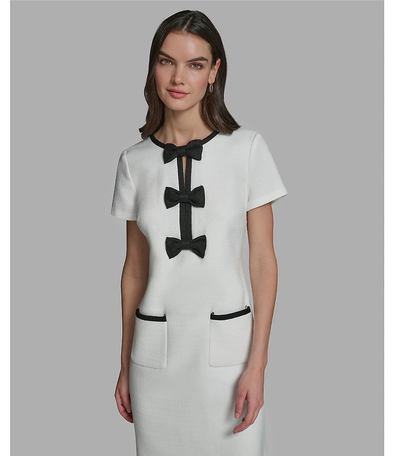 KARL LAGERFELD PARIS Faux Tweed Contrast Trim Front Bow Detail Mini Dress