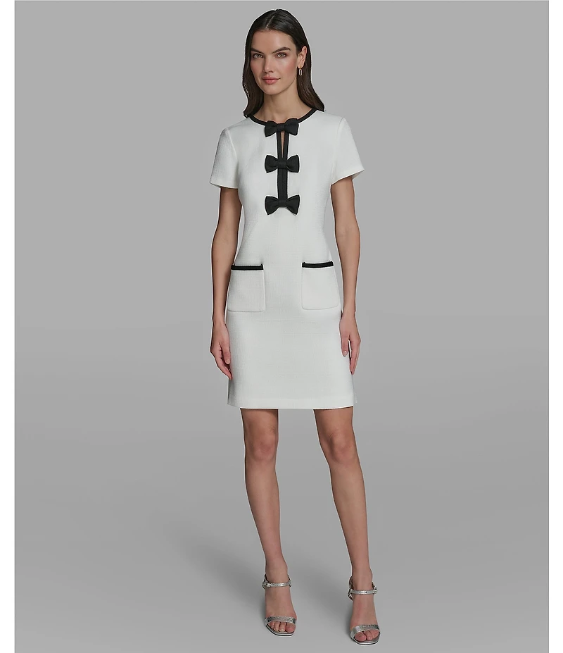 KARL LAGERFELD PARIS Faux Tweed Contrast Trim Front Bow Detail Mini Dress