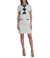KARL LAGERFELD PARIS Faux Tweed Contrast Trim Front Bow Detail Mini Dress