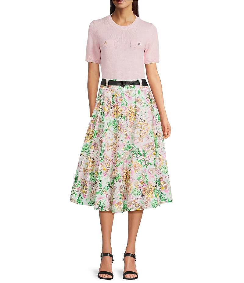 KARL LAGERFELD PARIS Floral Belted Midi Skirt