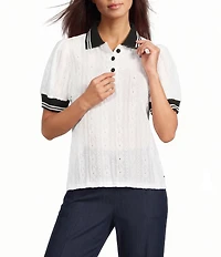 KARL LAGERFELD PARIS Floral Eyelet Knit Polo Collar Short Sleeve Top