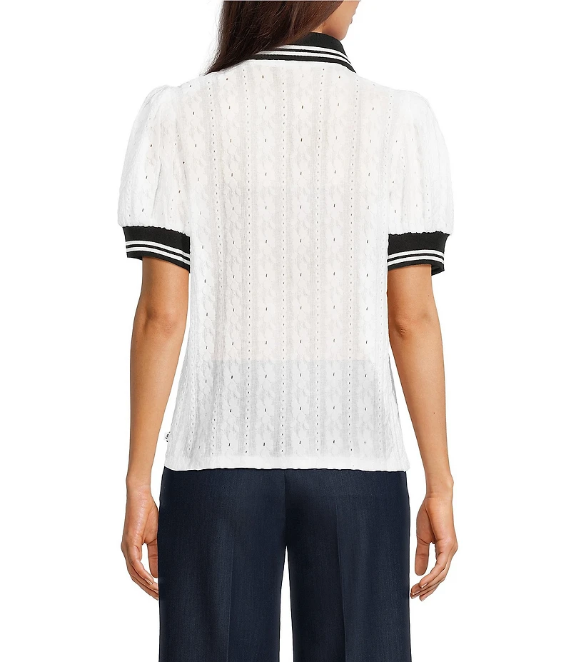 KARL LAGERFELD PARIS Floral Eyelet Knit Polo Collar Short Sleeve Top