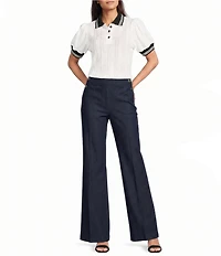 KARL LAGERFELD PARIS Floral Eyelet Knit Polo Collar Short Sleeve Top
