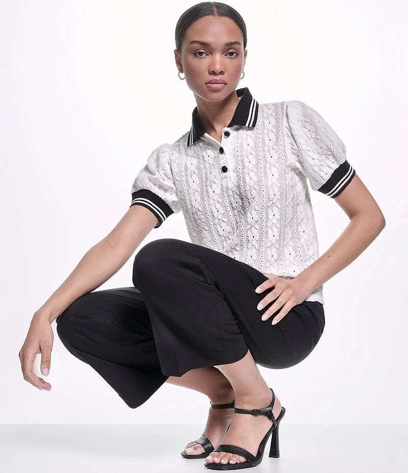 KARL LAGERFELD PARIS Floral Eyelet Knit Polo Collar Short Sleeve Top