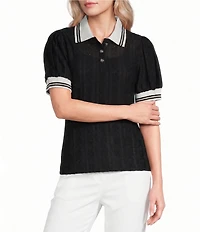 KARL LAGERFELD PARIS Floral Eyelet Knit Polo Collar Short Sleeve Top